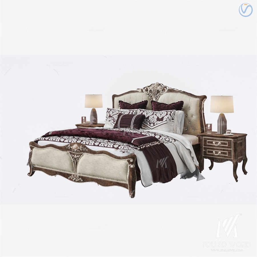 European style carved double bed 3d model